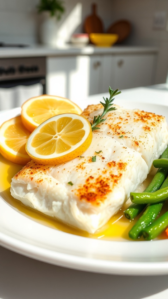 Baked cod fillets garnished with lemon and thyme on a white plate, served with vegetables.